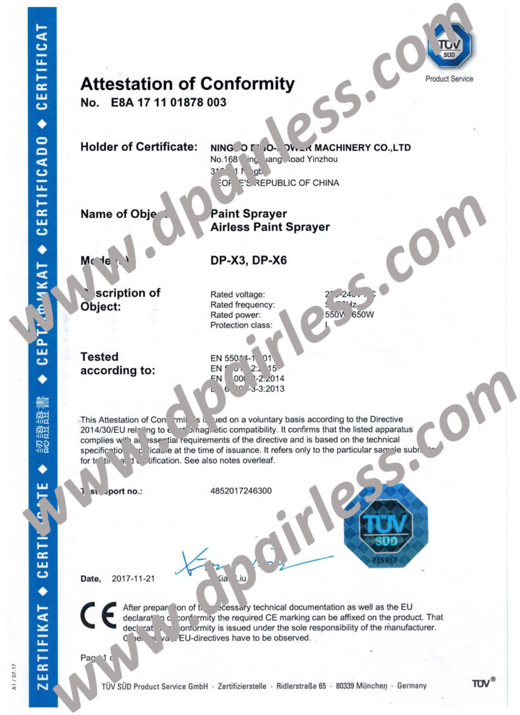 DP-X3 DP-X6喷漆机通过TUV CE认证(EMC)